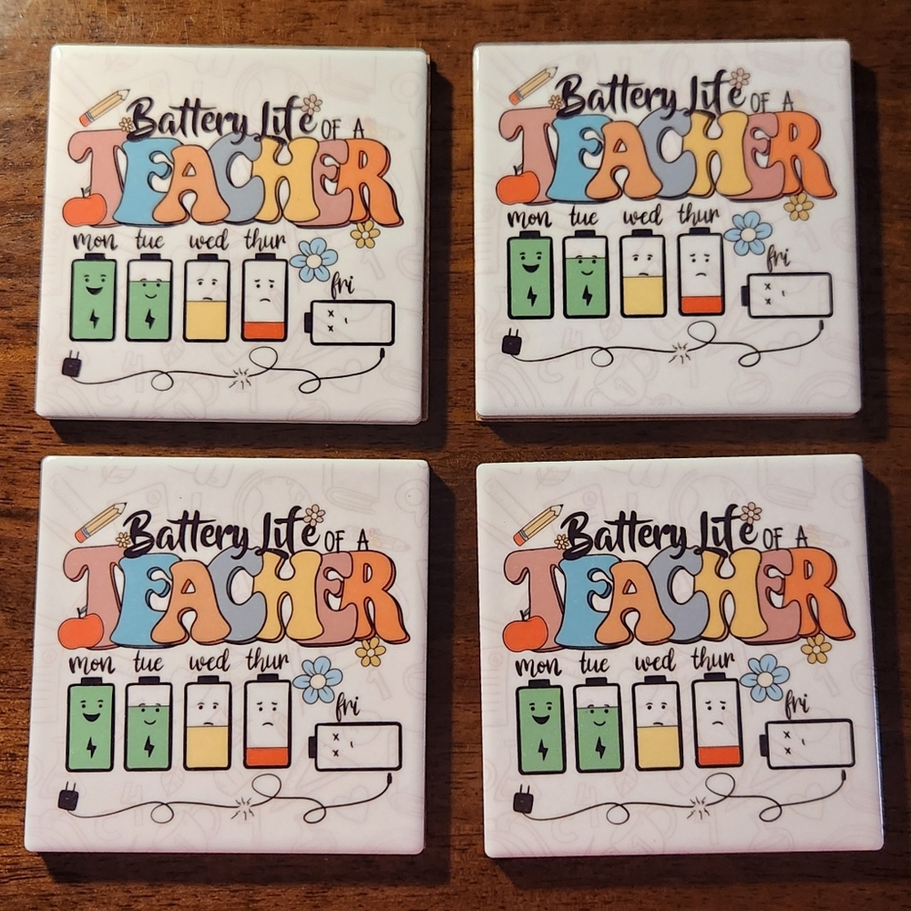 4 Colorful Teacher Battery Life Coasters. Hand Crafted - Picture 3 of 8